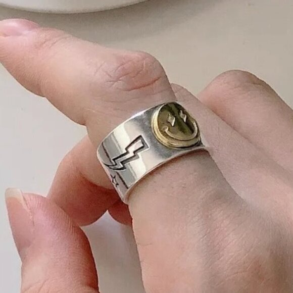 925 Sterling Smiley Face Boho Ring (Gold Face) #1318 - Picture 9 of 14